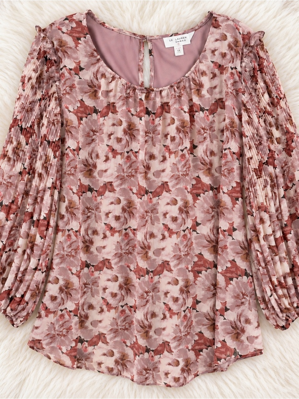 LC Lauren Conrad Dusty Rose Floral Pleated-Sleeve Blouse